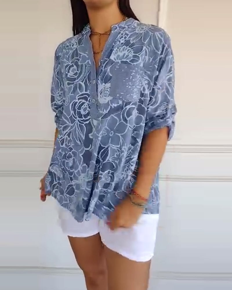 Blouse Imprimée Boutonnée à Col V