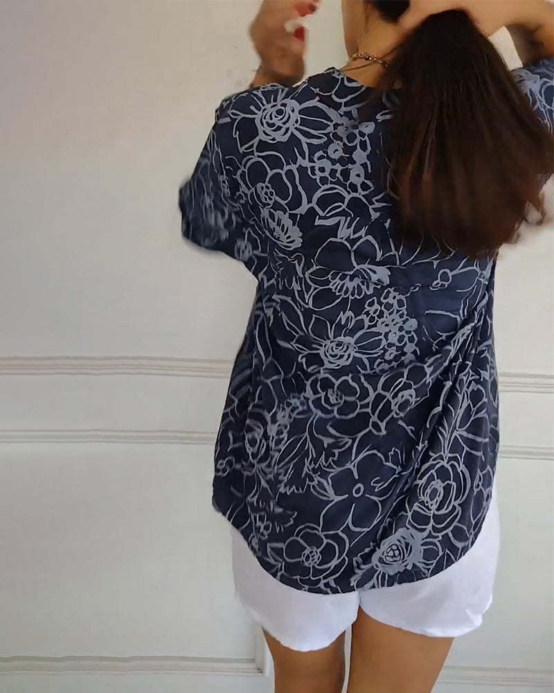 Blouse Imprimée Boutonnée à Col V