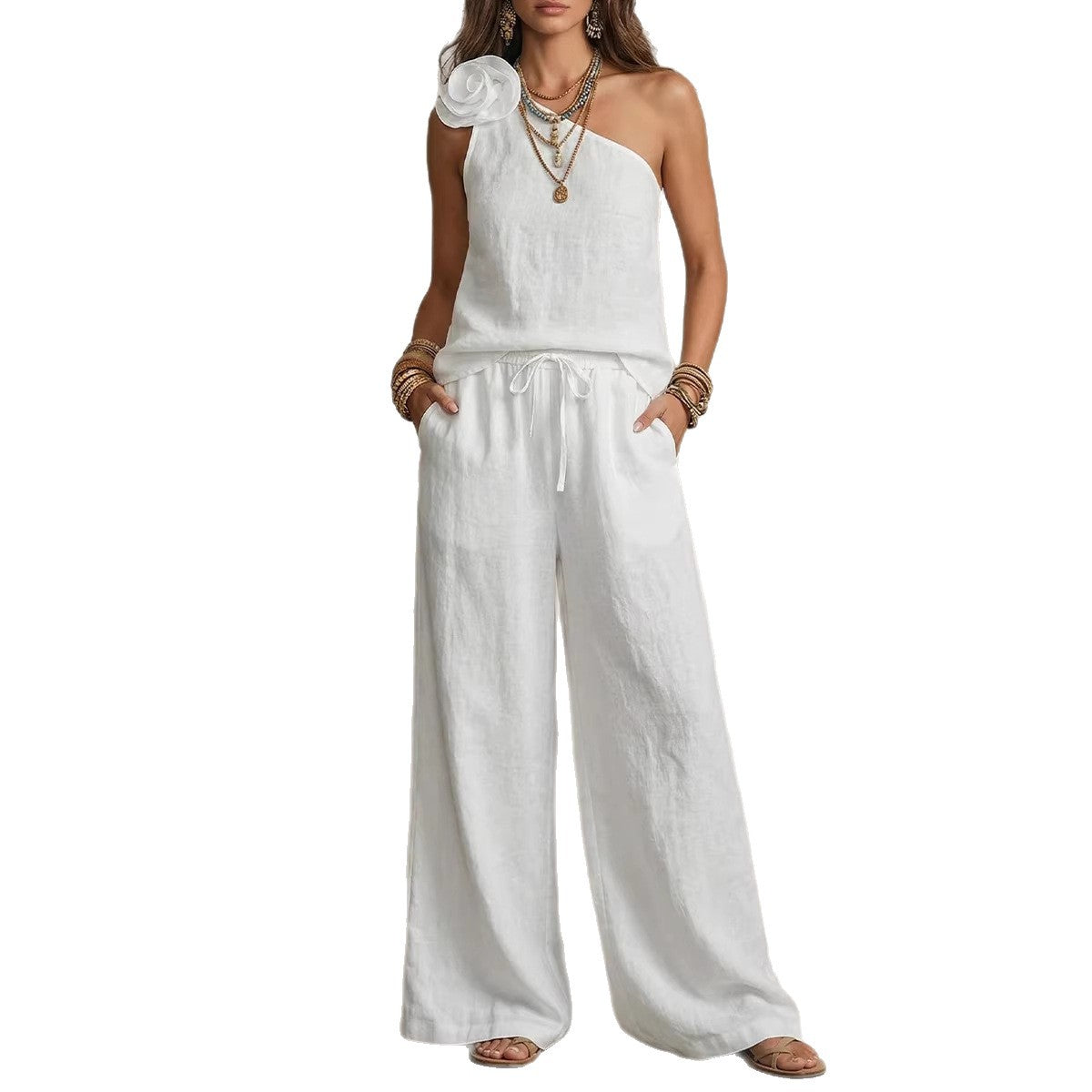 Ensemble Bicolore Élégant - Chemise Sans Manches et Pantalons