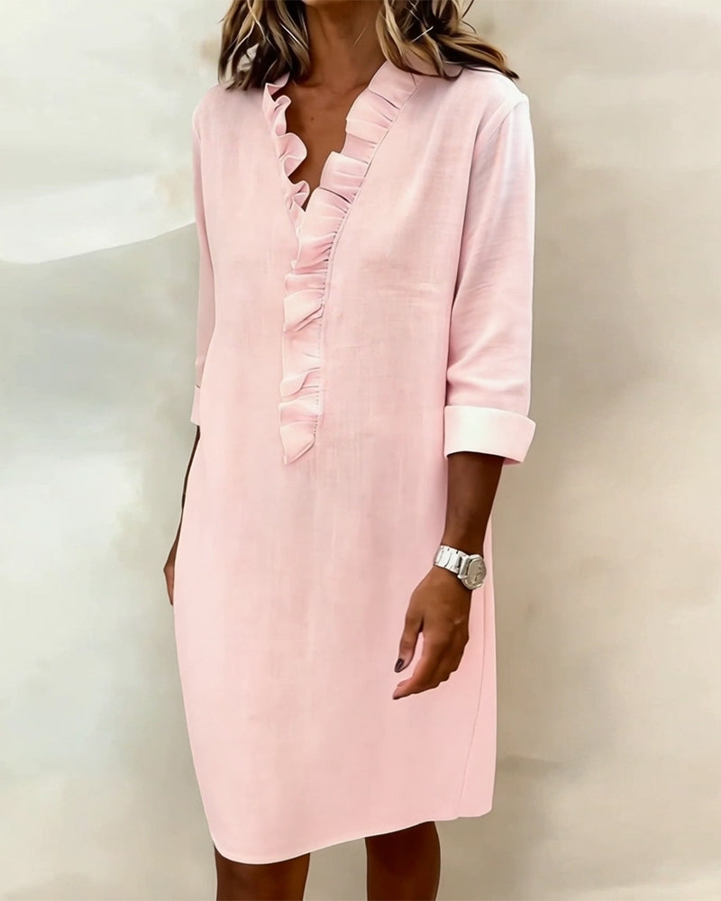 Robe Femme Col V Volants Coupe Droite Chic Décontractée
