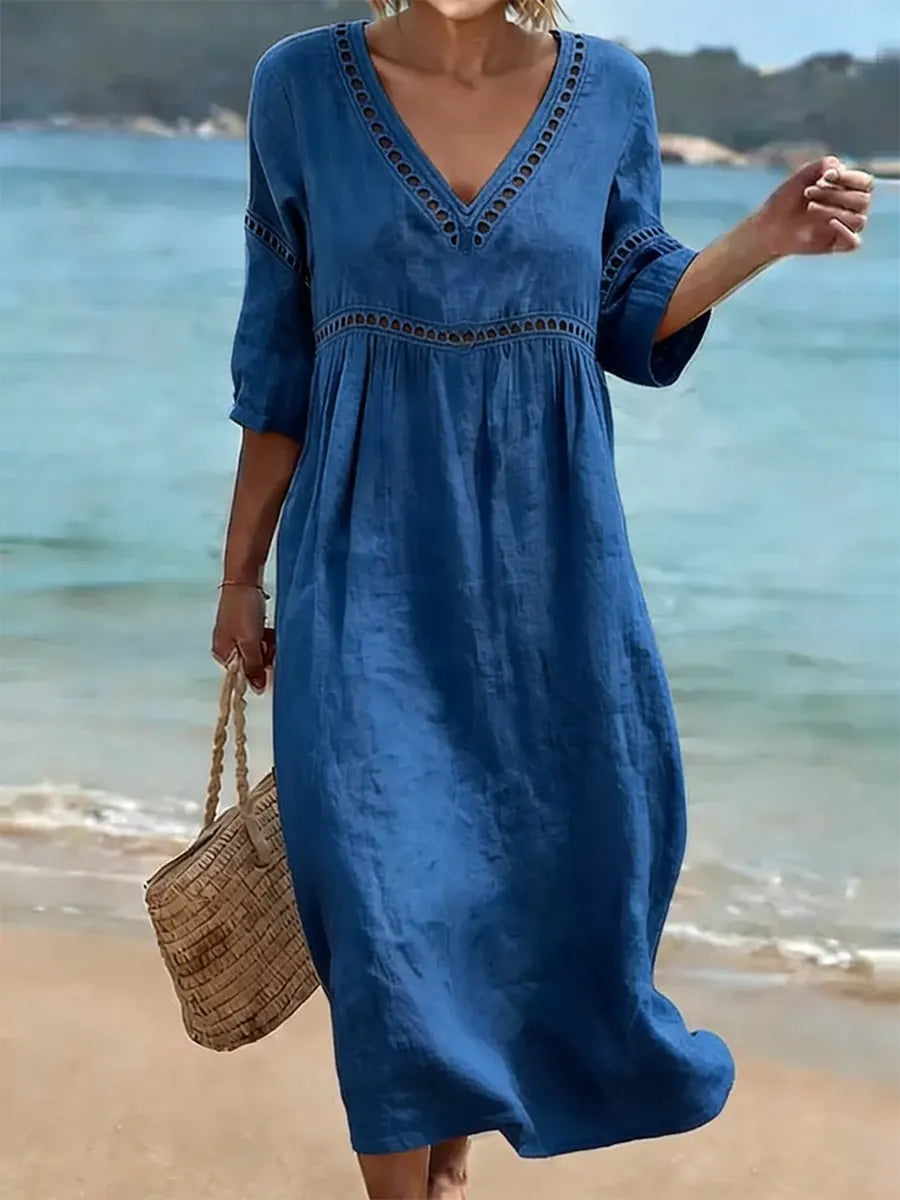 Robe Femme Coton Col V Coupe Fluide Style Décontracté Élégant