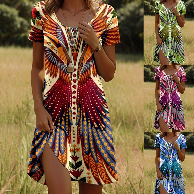 Nivara - Robe à Col Rond avec Imprimé Indien à Manches Courtes