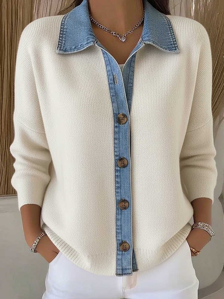 Cardigan en tricot avec col polo et patchs en denim, avec boutons