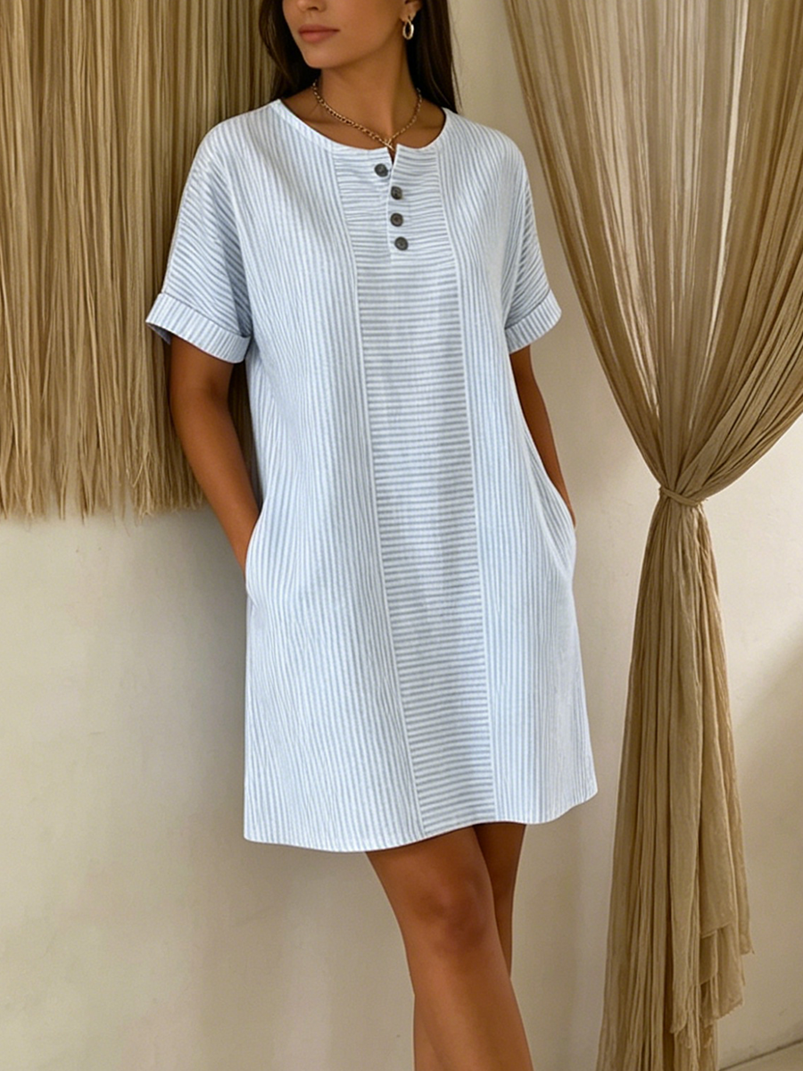 Robe Femme Coton Lin Boutonnée Coupe Ample Col Henley Élégante