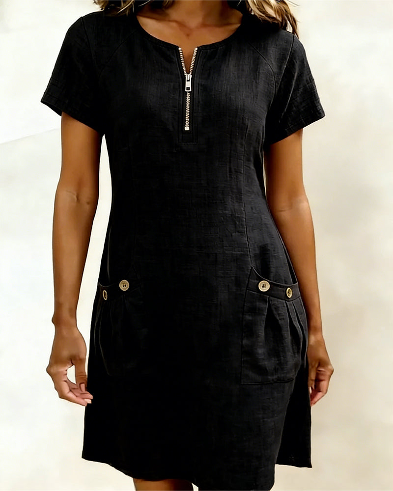 Kovira - Robe Courte Coton Lin avec Fermeture Éclair et Poches