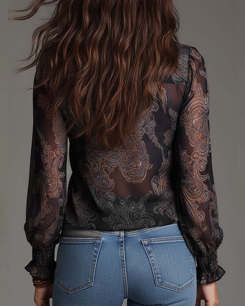 Blouse Rétro à Volants à Mi-Zip