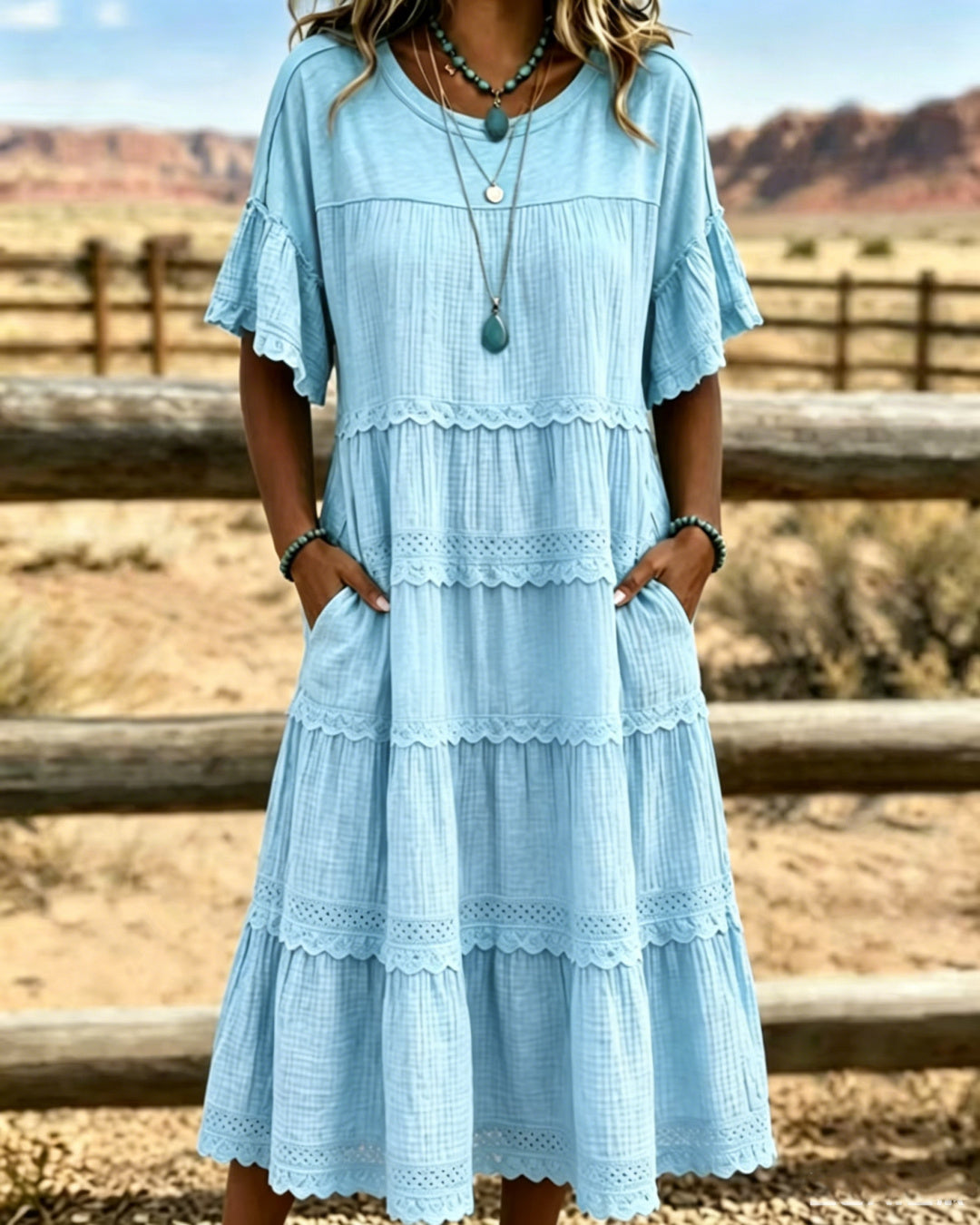 Rosalynne - Robe midi femme en coton et lin à volants