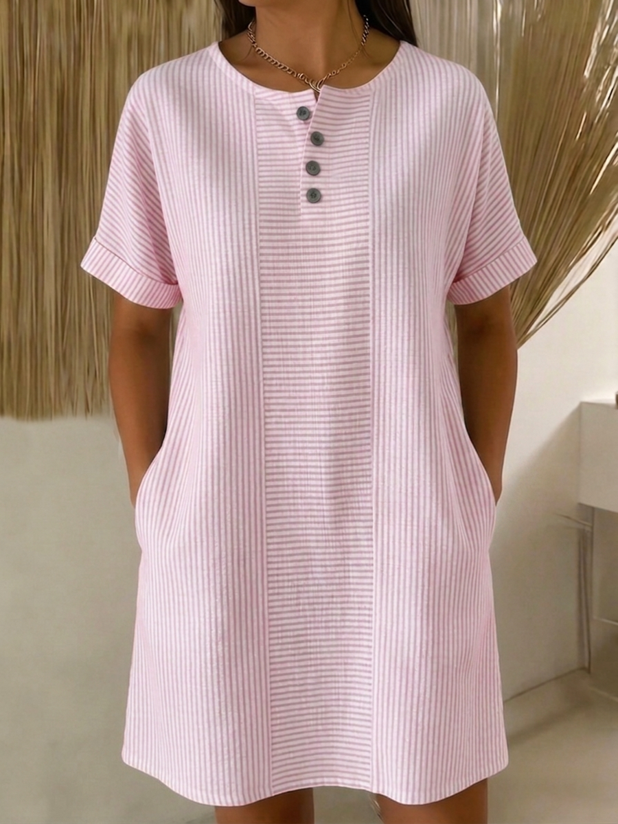 Robe Femme Coton Lin Boutonnée Coupe Ample Col Henley Élégante