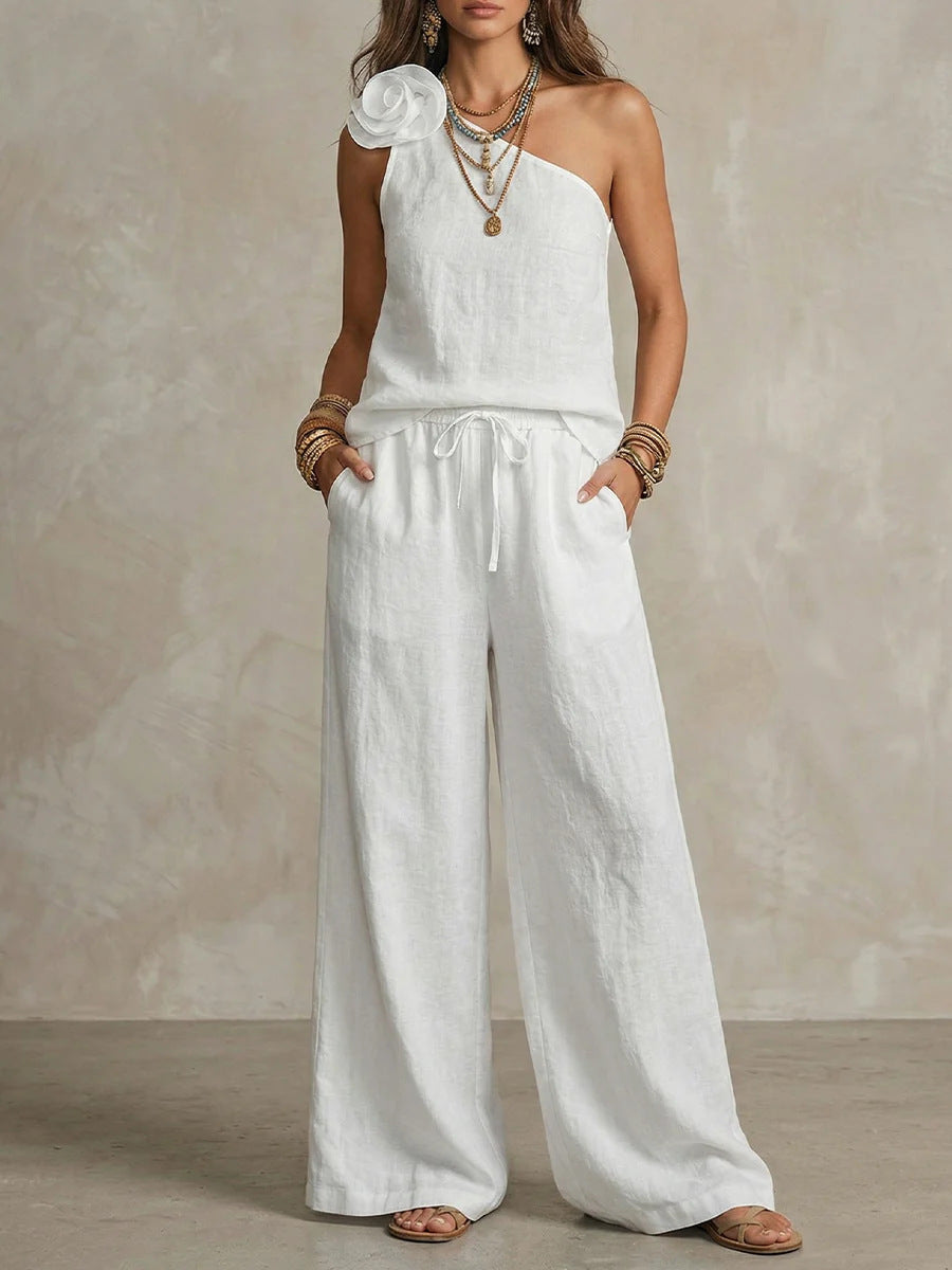 Ensemble Bicolore Élégant - Chemise Sans Manches et Pantalons