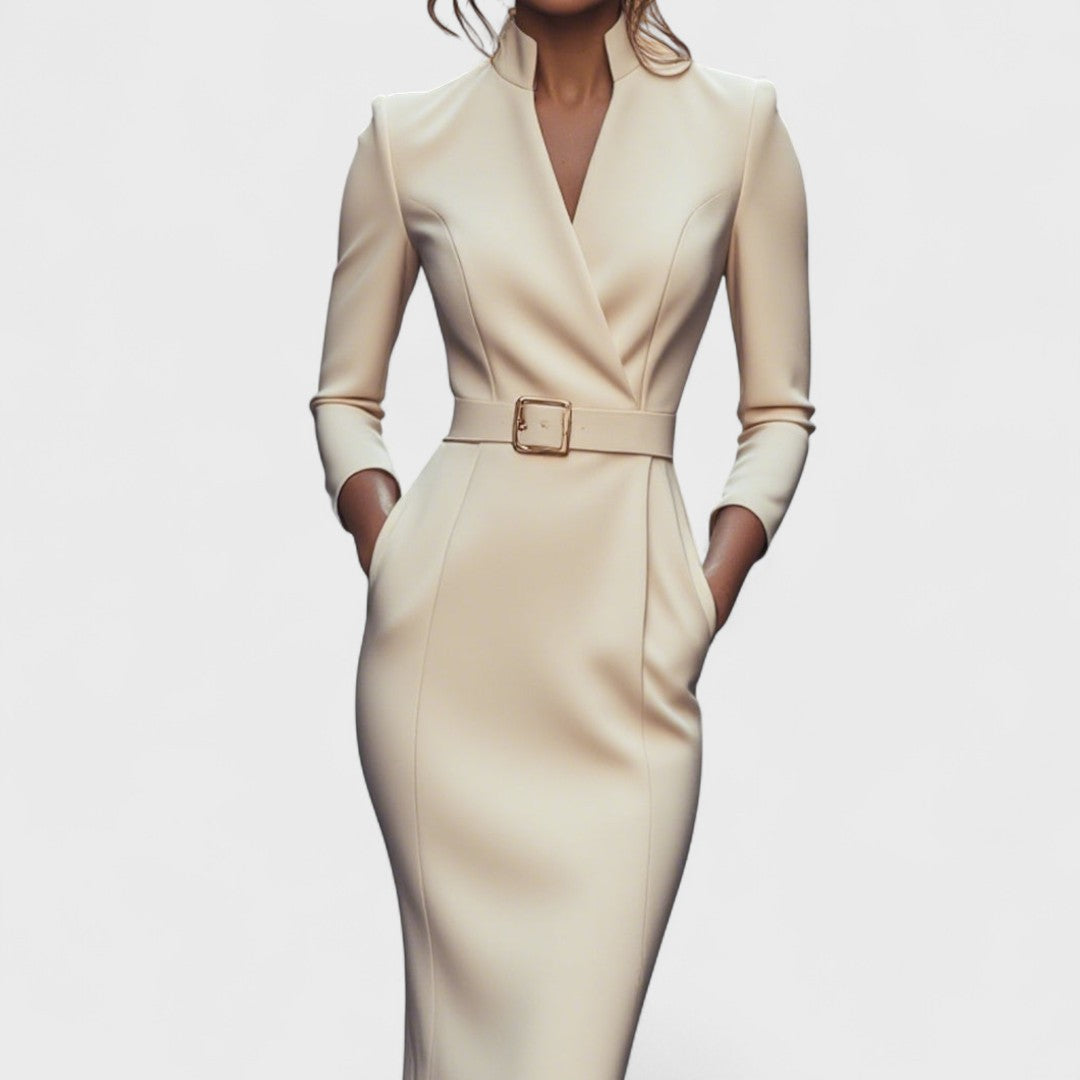 Robe Élégante Femme avec Ceinture et Col Mao