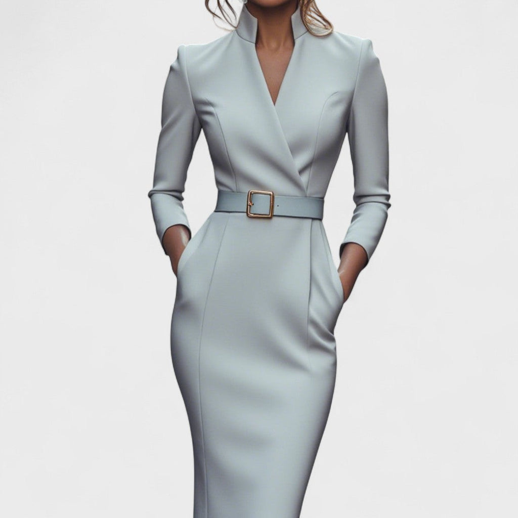Robe Élégante Femme avec Ceinture et Col Mao