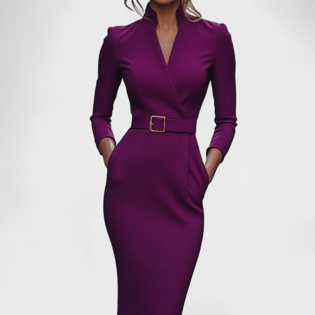 Robe Élégante Femme avec Ceinture et Col Mao