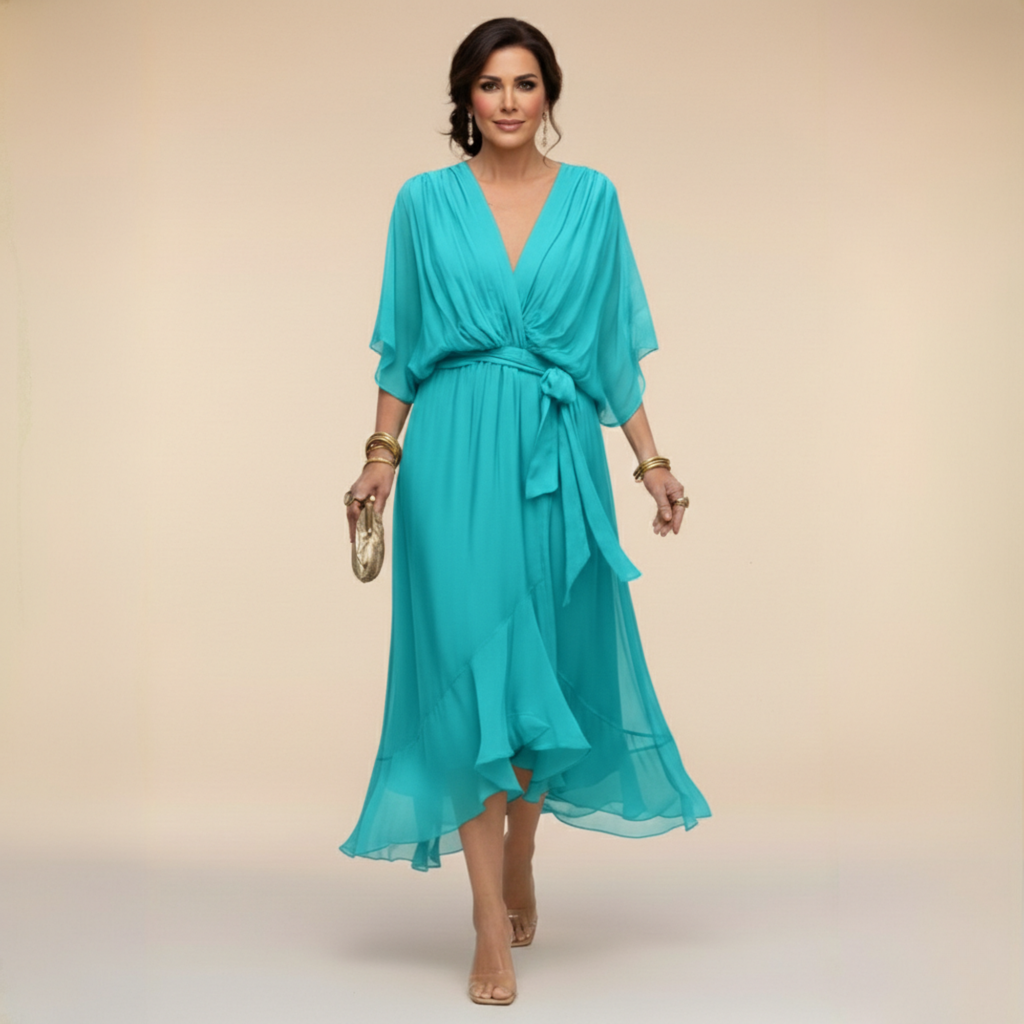 Robe Femme Chiffon Fluide Col V Coupe Élégante Ceinturée