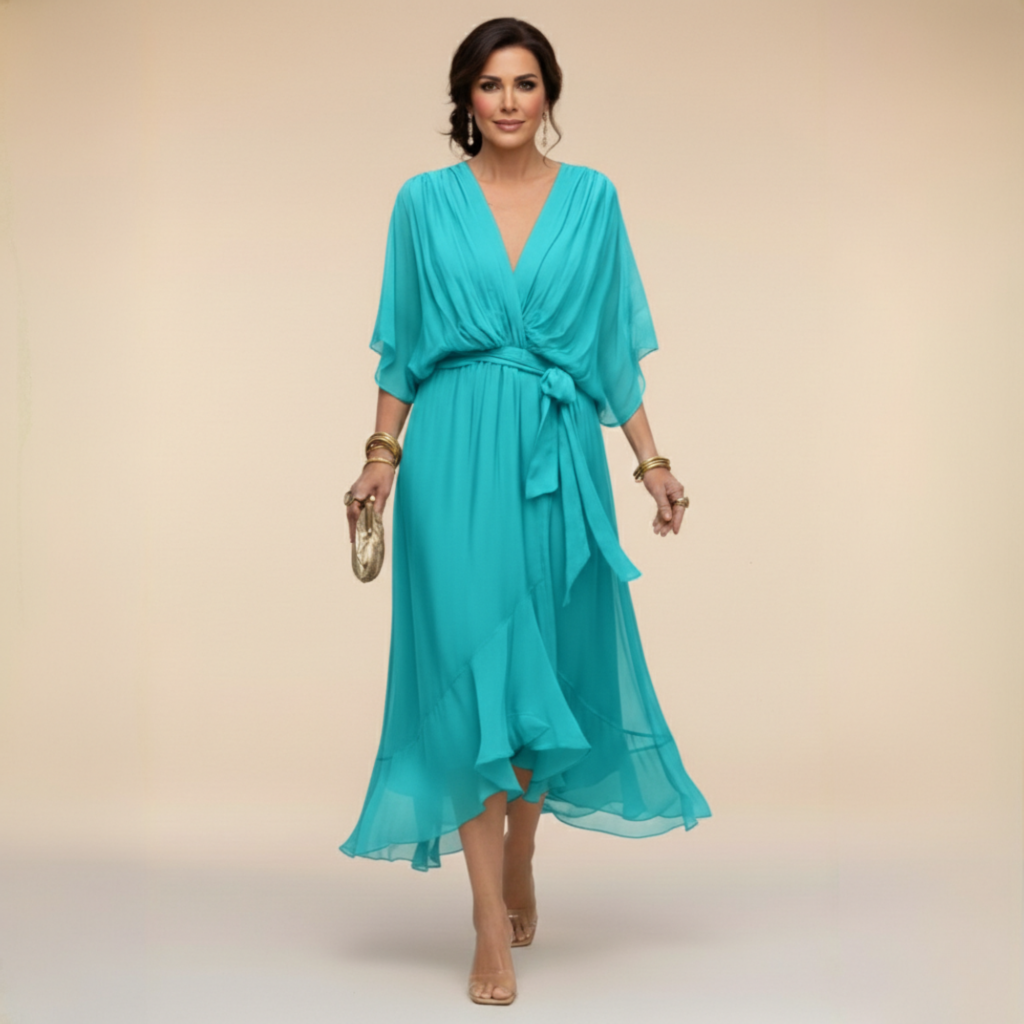 Robe Femme Chiffon Fluide Col V Coupe Élégante Ceinturée