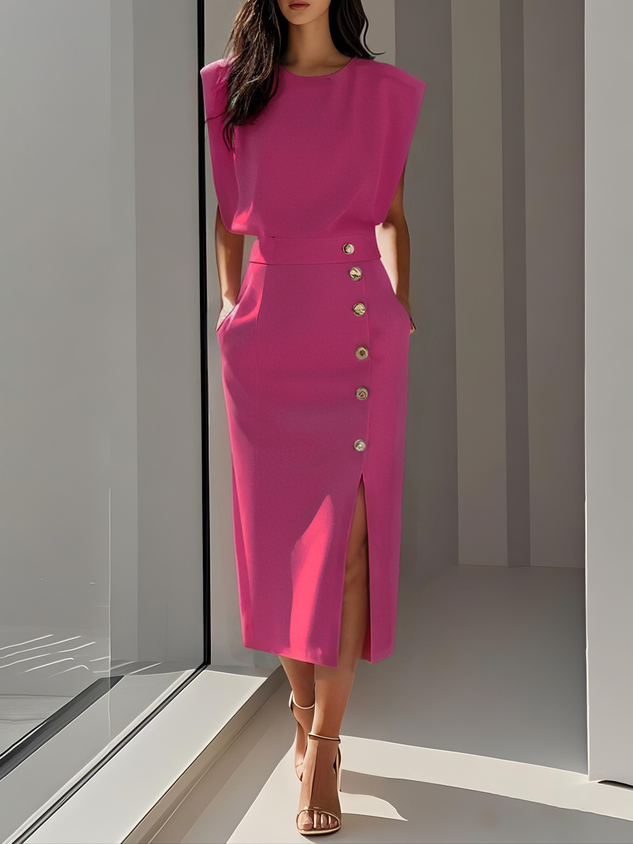 Floralia - Robe midi unie avec fente à boutons et décolleté rond