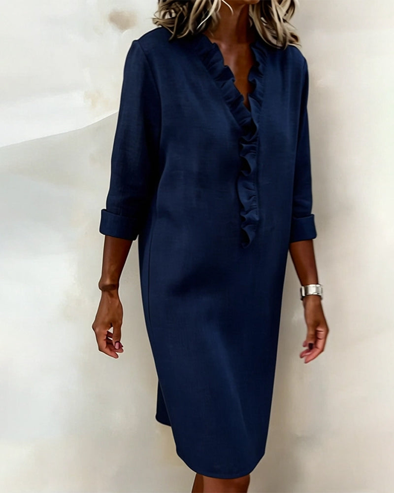Robe Femme Col V Volants Coupe Droite Chic Décontractée