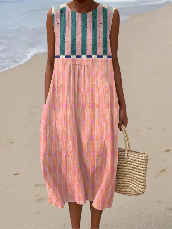 Tazira - Robe Femme Été Fluide Imprimé Artistique Sans Manches Confort Léger