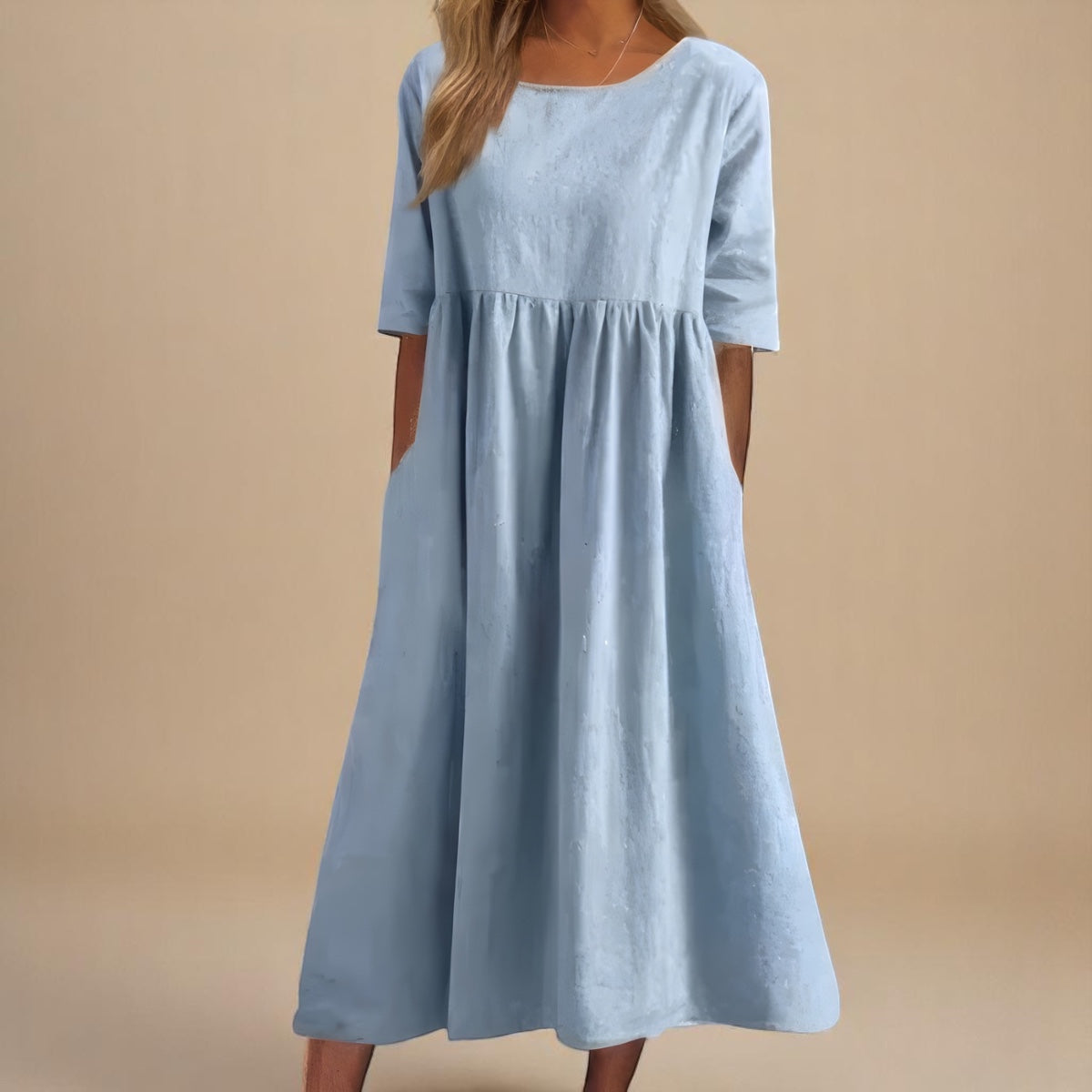 Robe Longue Femme Coton Coupe Ample Col Rond Poches Confort Été