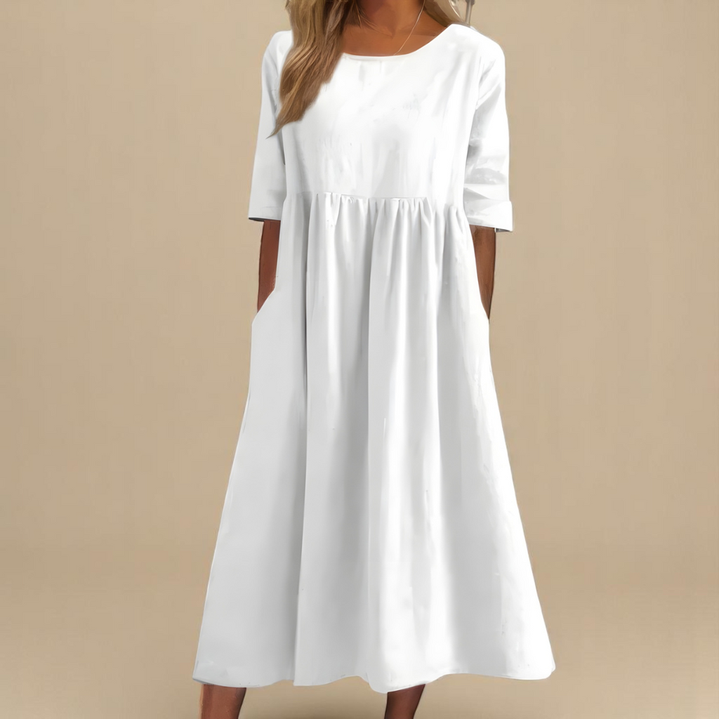 Robe Longue Femme Coton Coupe Ample Col Rond Poches Confort Été