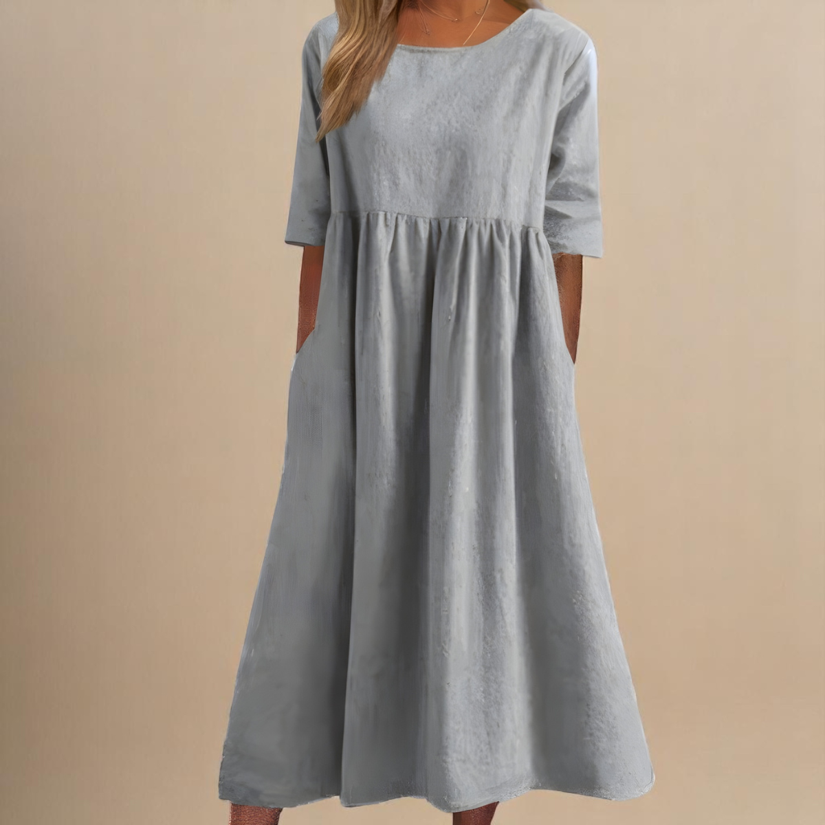 Robe Longue Femme Coton Coupe Ample Col Rond Poches Confort Été