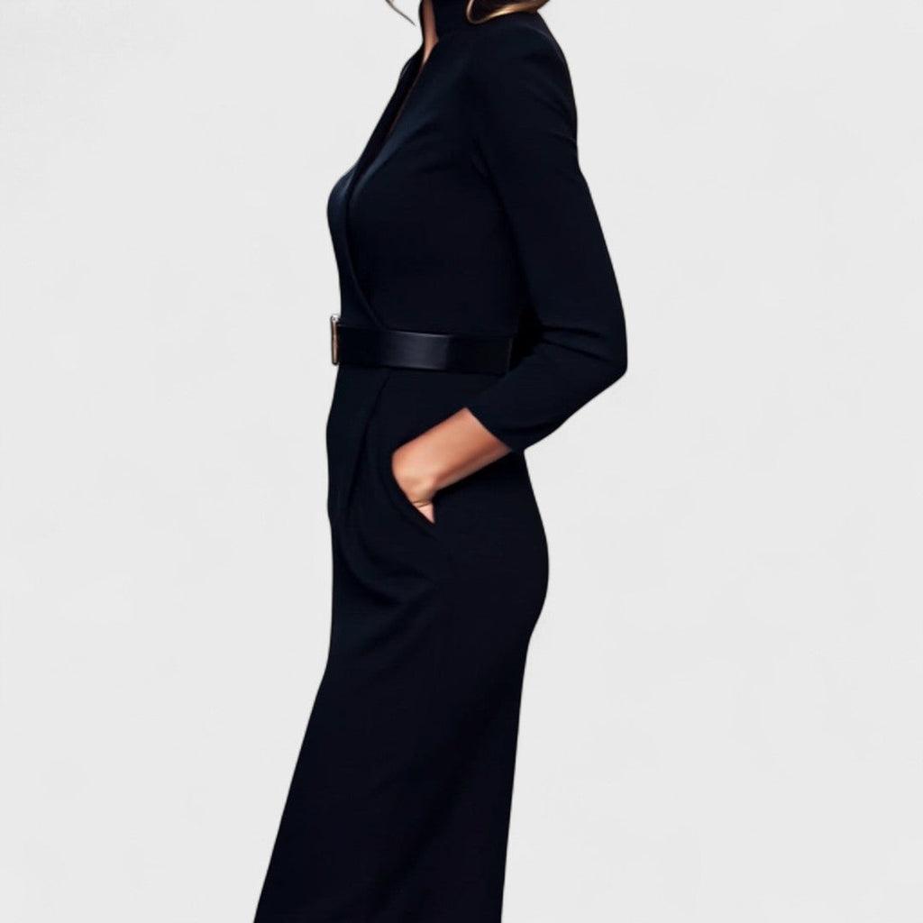 Robe Élégante Femme avec Ceinture et Col Mao