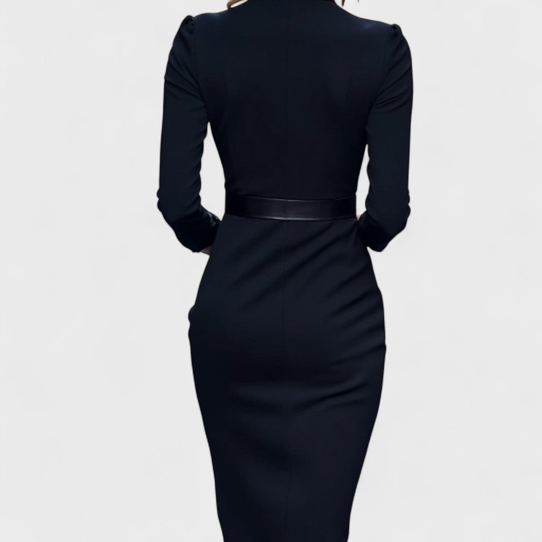 Robe Élégante Femme avec Ceinture et Col Mao