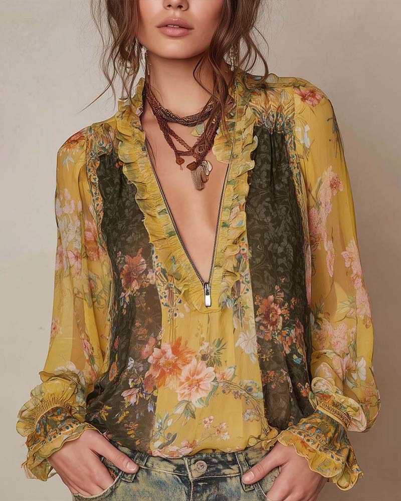 LILLIAN – BLOUSE FLEUR ROMANTIQUE AVEC FERMETURE ÉCLAIR