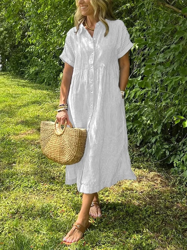 Robe femme maxi fluide boutonnée col rond manches courtes élégante été