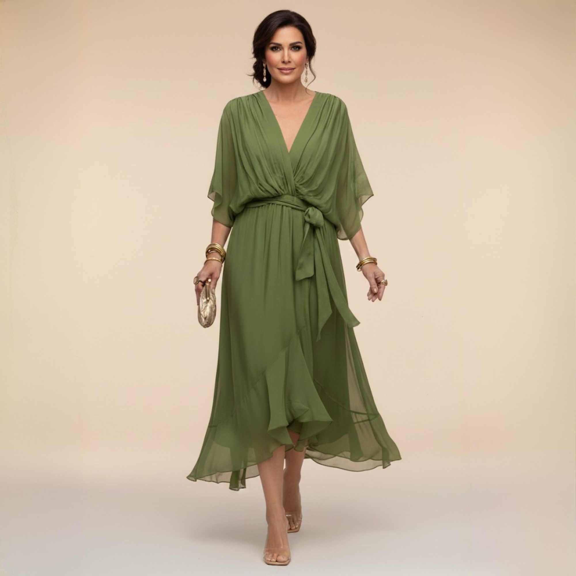 Robe Femme Chiffon Fluide Col V Coupe Élégante Ceinturée