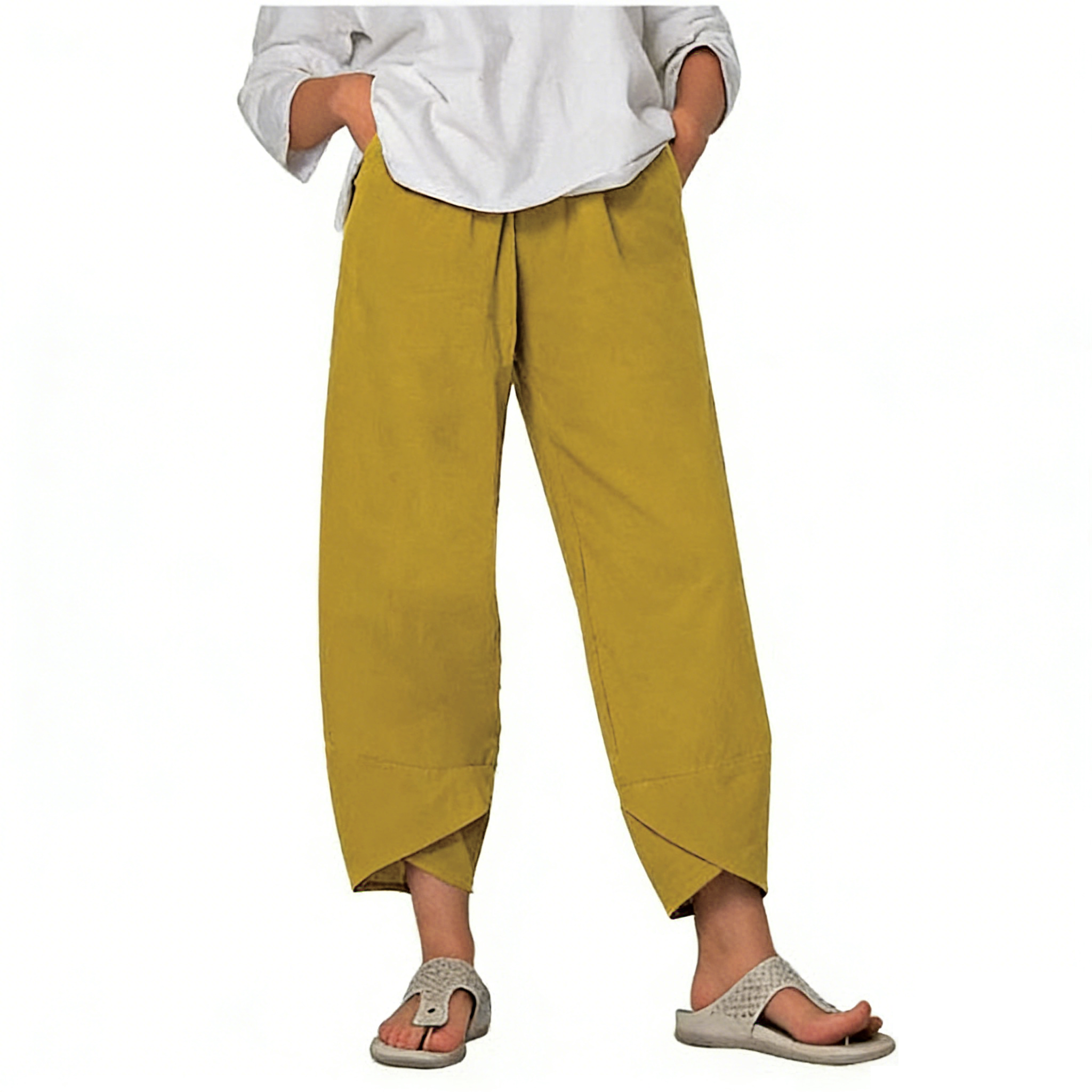 Belythia - Pantalon femme vintage asymétrique taille haute fluide avec poches