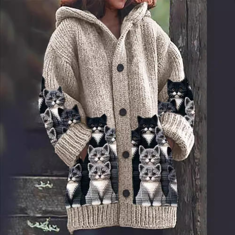 Jasmin - Gilet en Tricot Chaleureux avec Imprimé de Chat