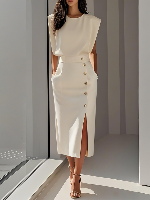 Floralia - Robe midi unie avec fente à boutons et décolleté rond