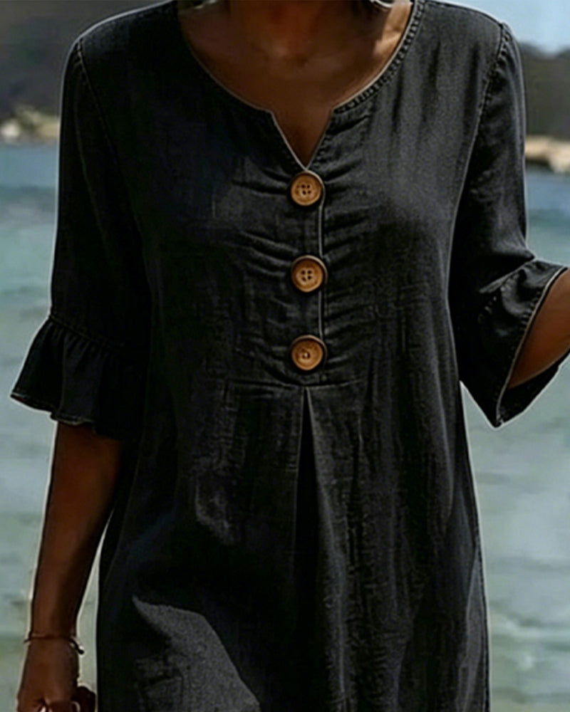 Fynorae - Robe femme en jean manches volants coupe fluide été plage