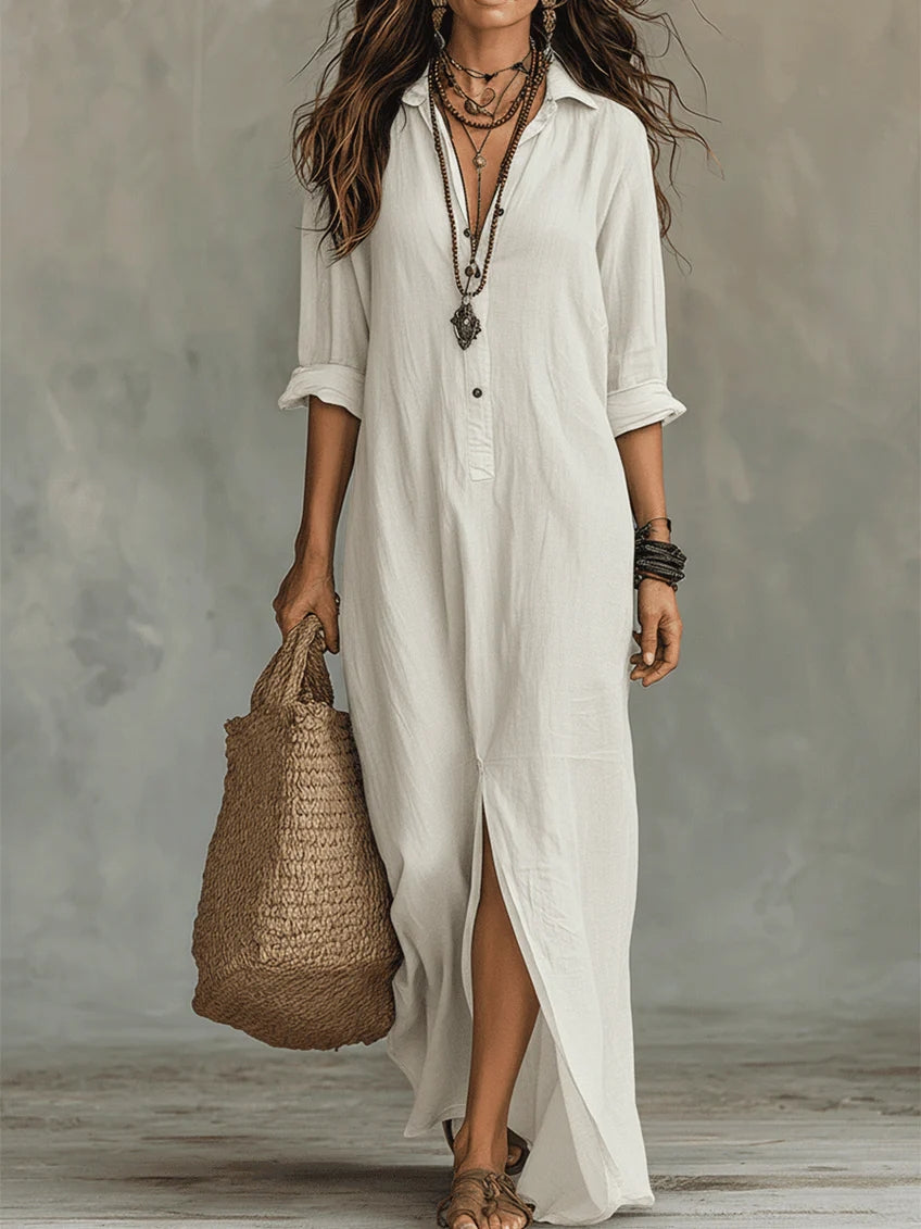 Olyndra - Robe Longue Femme Fluide Boutonnée Style Élégant Intemporel