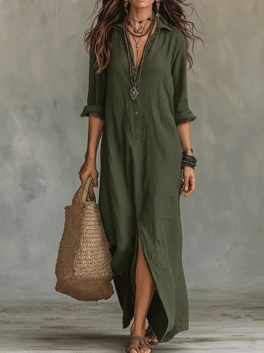 Soline - Robe Maxi Fluide avec Boutons Frontaux
