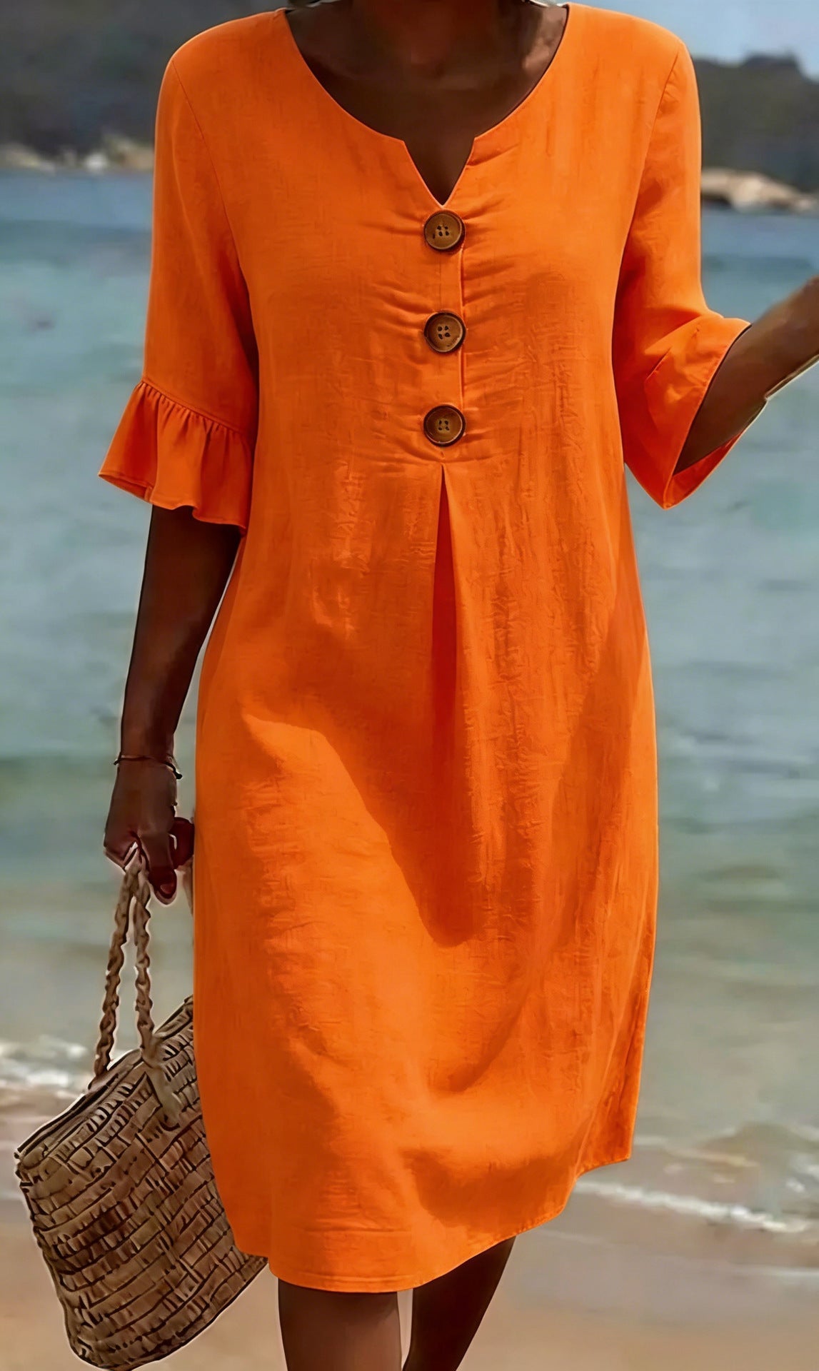 Robe Femme Coton Lin Boutonnée Manches Volantées Style Estival