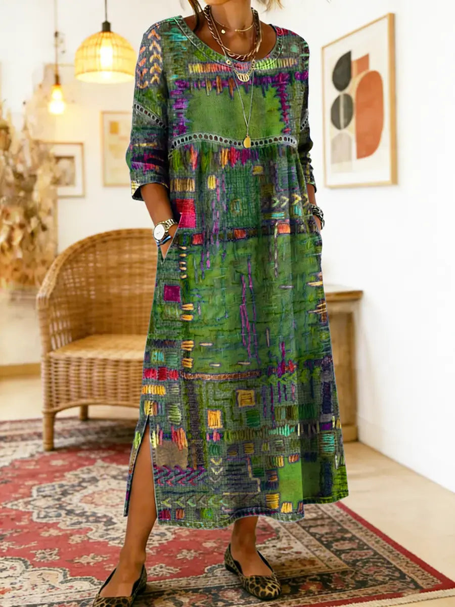 Robe Femme Denim Fluide Patchwork Ethnique pour Style Bohème et Élégant Quotidien