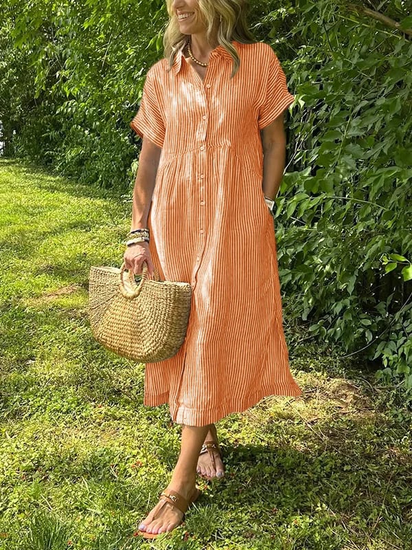 Robe femme maxi fluide boutonnée col rond manches courtes élégante été