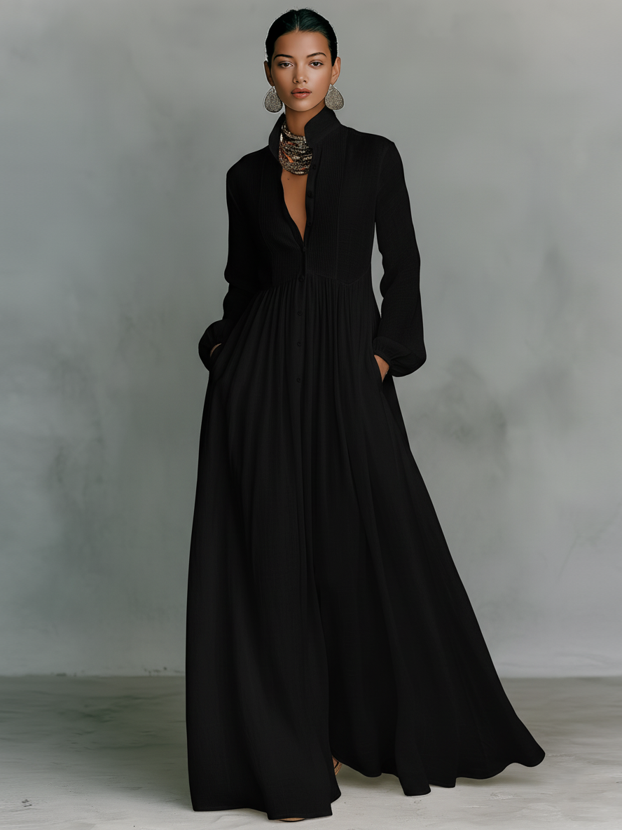 Robe Maxi Minimaliste en Coton et Lin avec Panneaux en Patchwork, Col Montant et Manches Longues