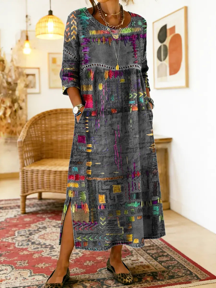 Manuela - Robe en Denim avec Patchwork Ethnique