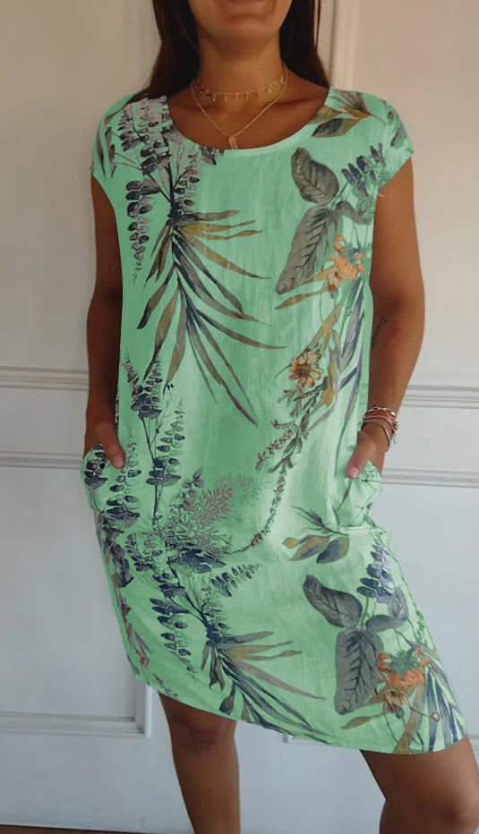 Robe d'été imprimée en coton et lin pour femmes avec poches