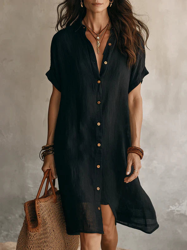 Robe Chemise Midi Femme Lin Coton Boutonnée Élégante