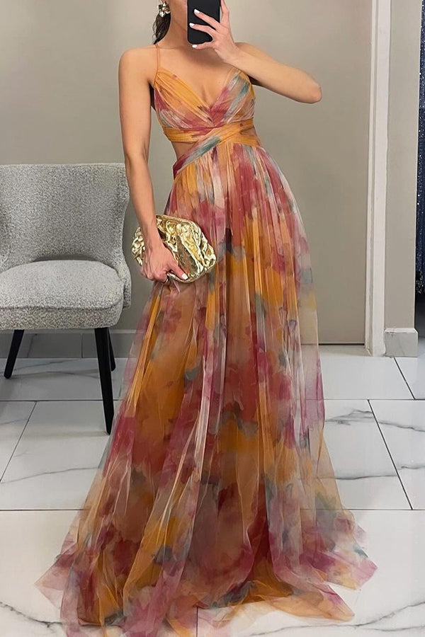 Robe femme maxi fluide imprimé floral bretelles fines col V – élégante été