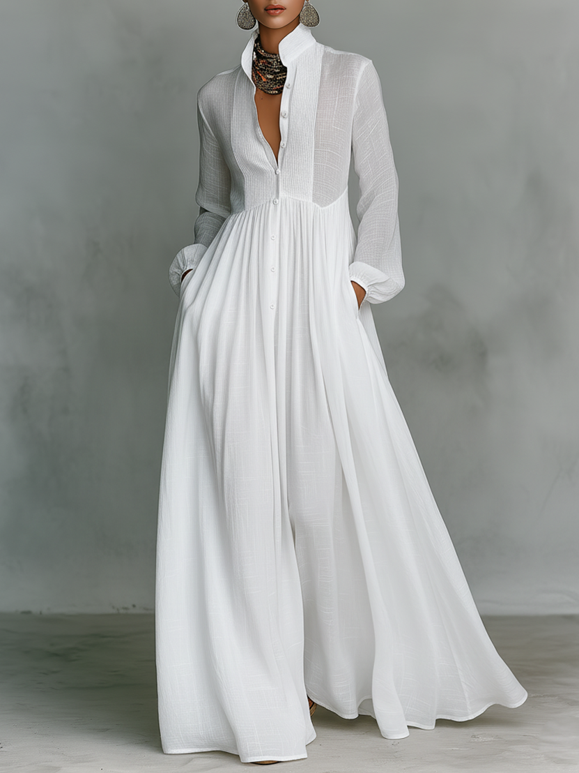Robe Maxi Minimaliste en Coton et Lin avec Panneaux en Patchwork, Col Montant et Manches Longues