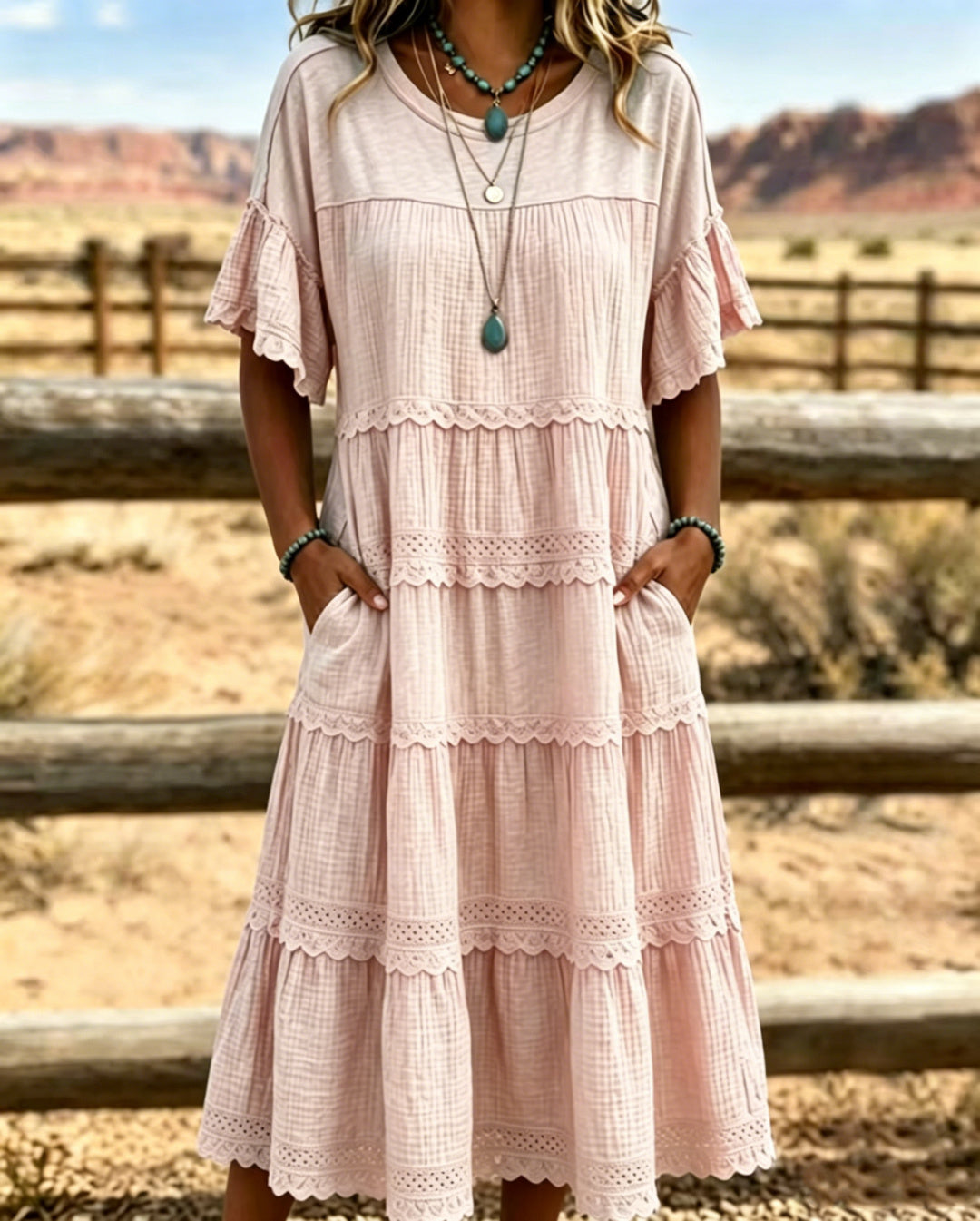 Rosalynne - Robe midi femme en coton et lin à volants