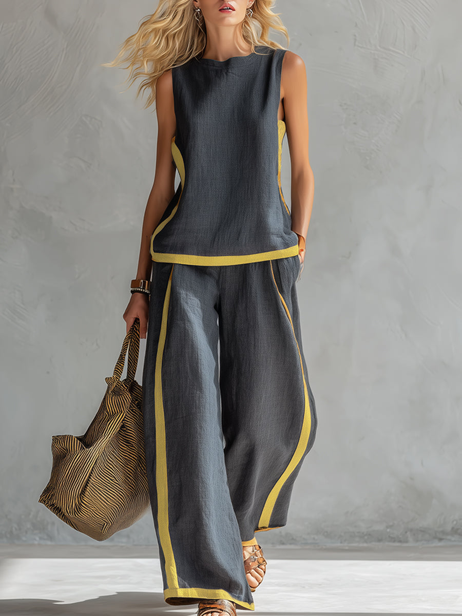 Tavindra - Ensemble Élégant Coton Lin Femme – Haut Sans Manches & Pantalon Large