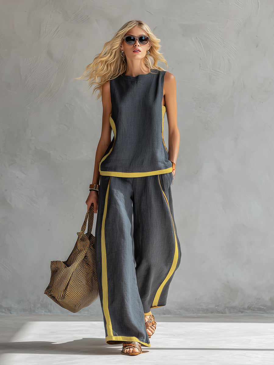 Tavindra - Ensemble Élégant Coton Lin Femme – Haut Sans Manches & Pantalon Large