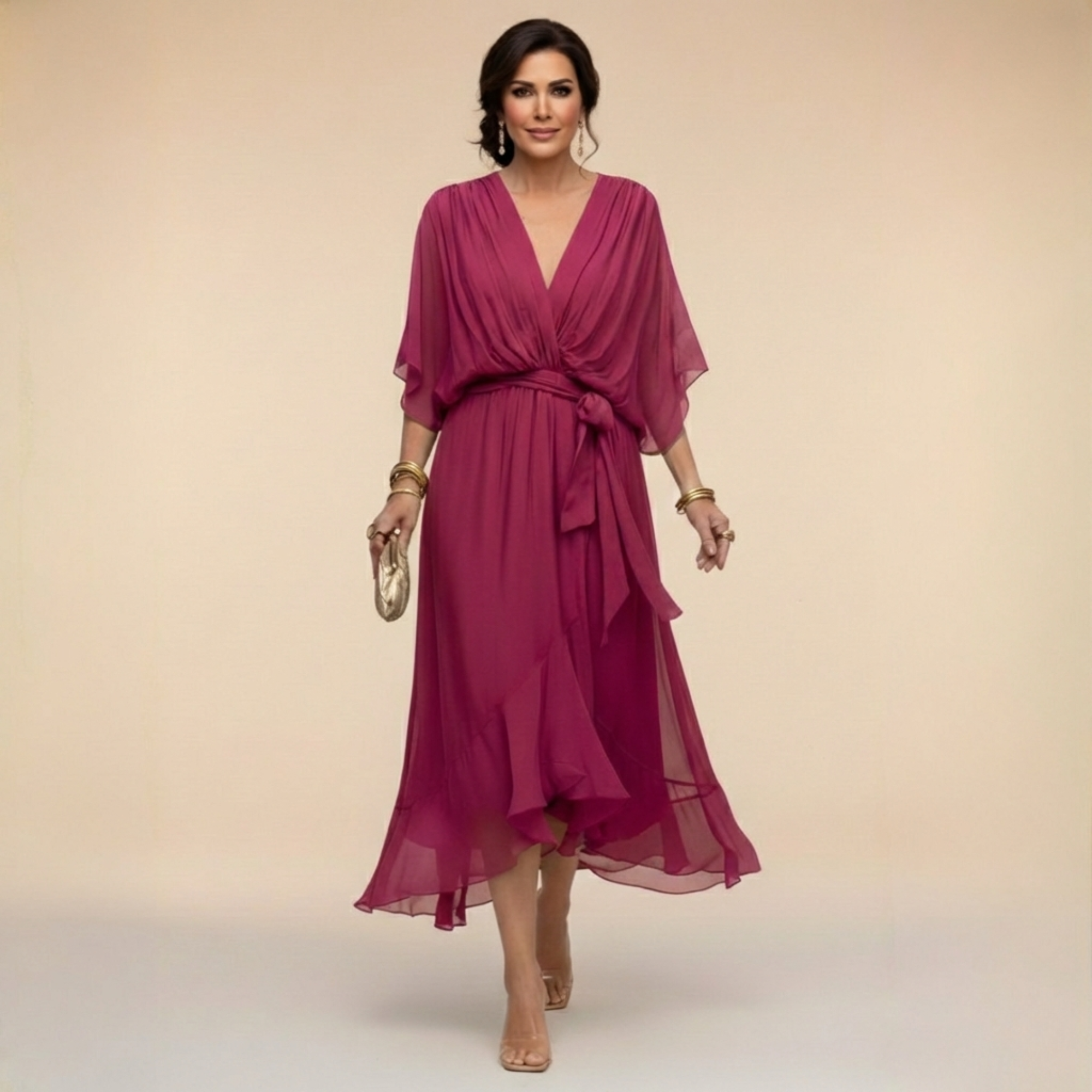 Robe Femme Chiffon Fluide Col V Coupe Élégante Ceinturée