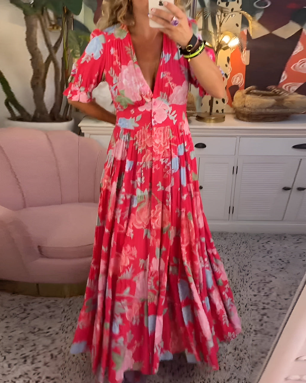 Carine | Robe Fleurie avec Décolleté en V et Poches