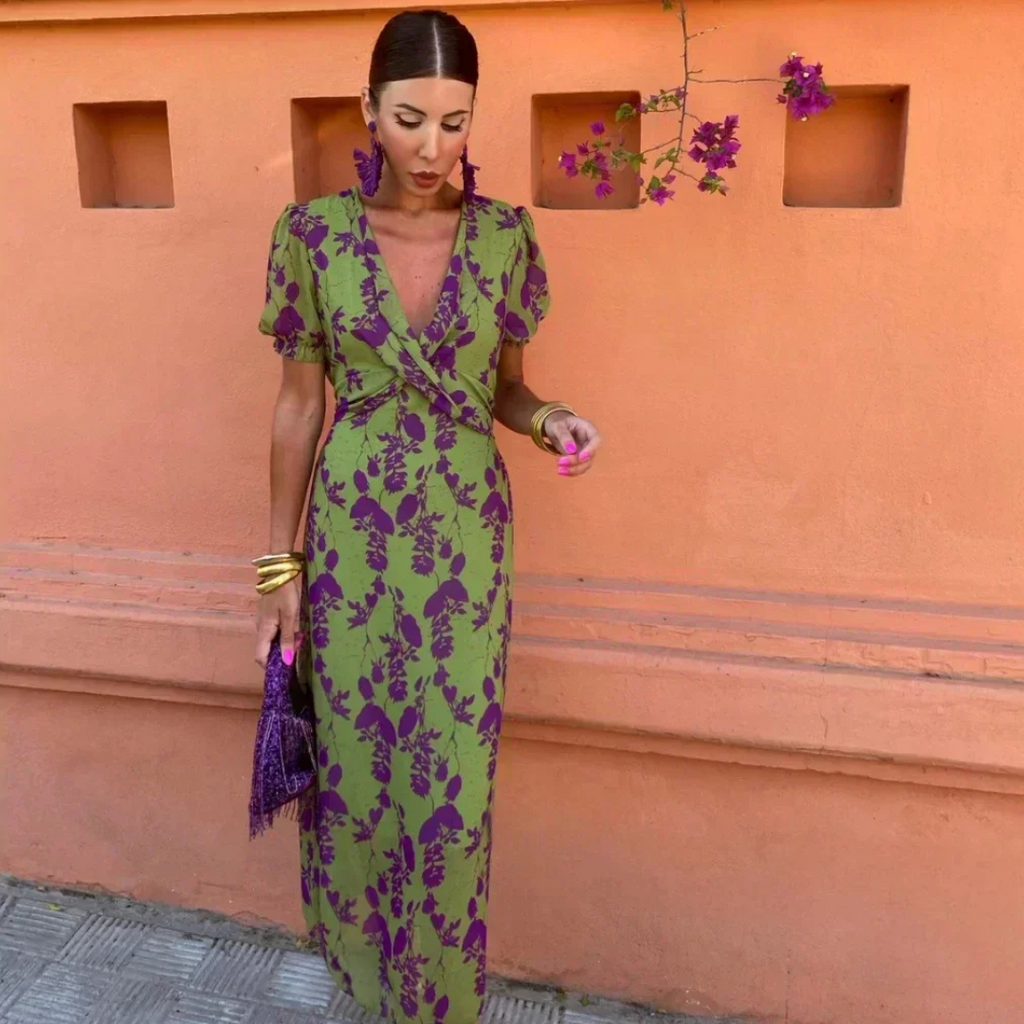 Robe femme longue fluide imprimée col V croisé manches courtes élégante été